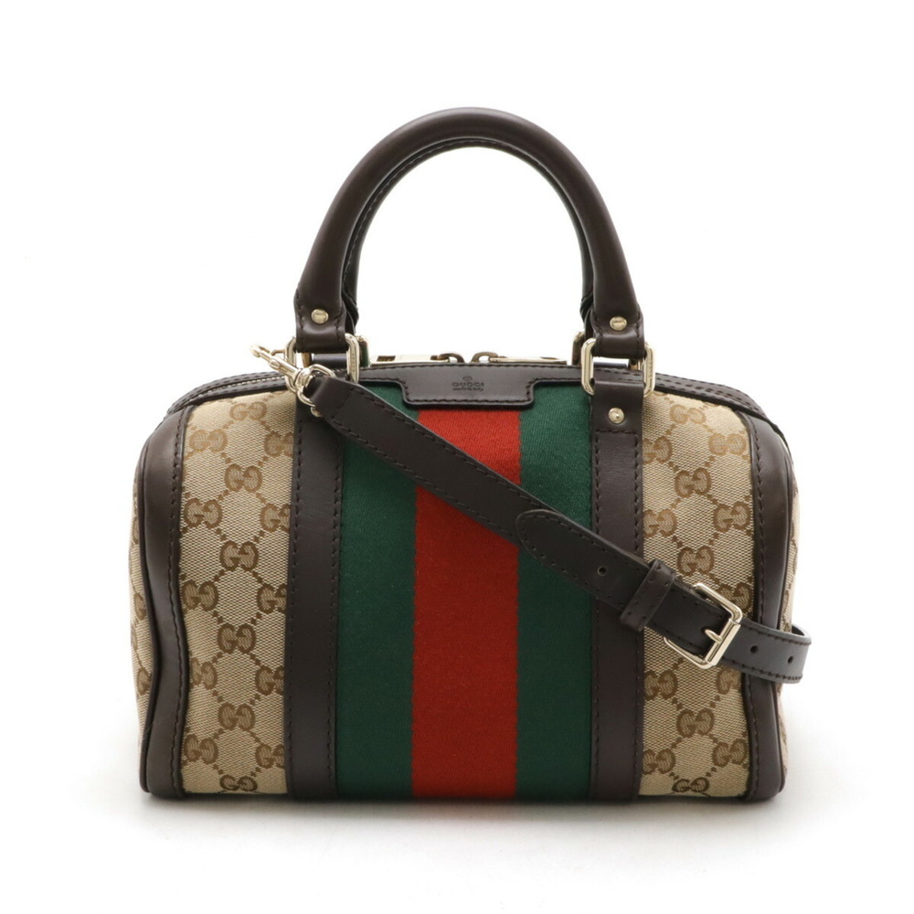 GUCCI GG Canvas Sherry Line Handbag Boston Shoulder Bag Leather Beige Dark Brown - Picture 2 of 10